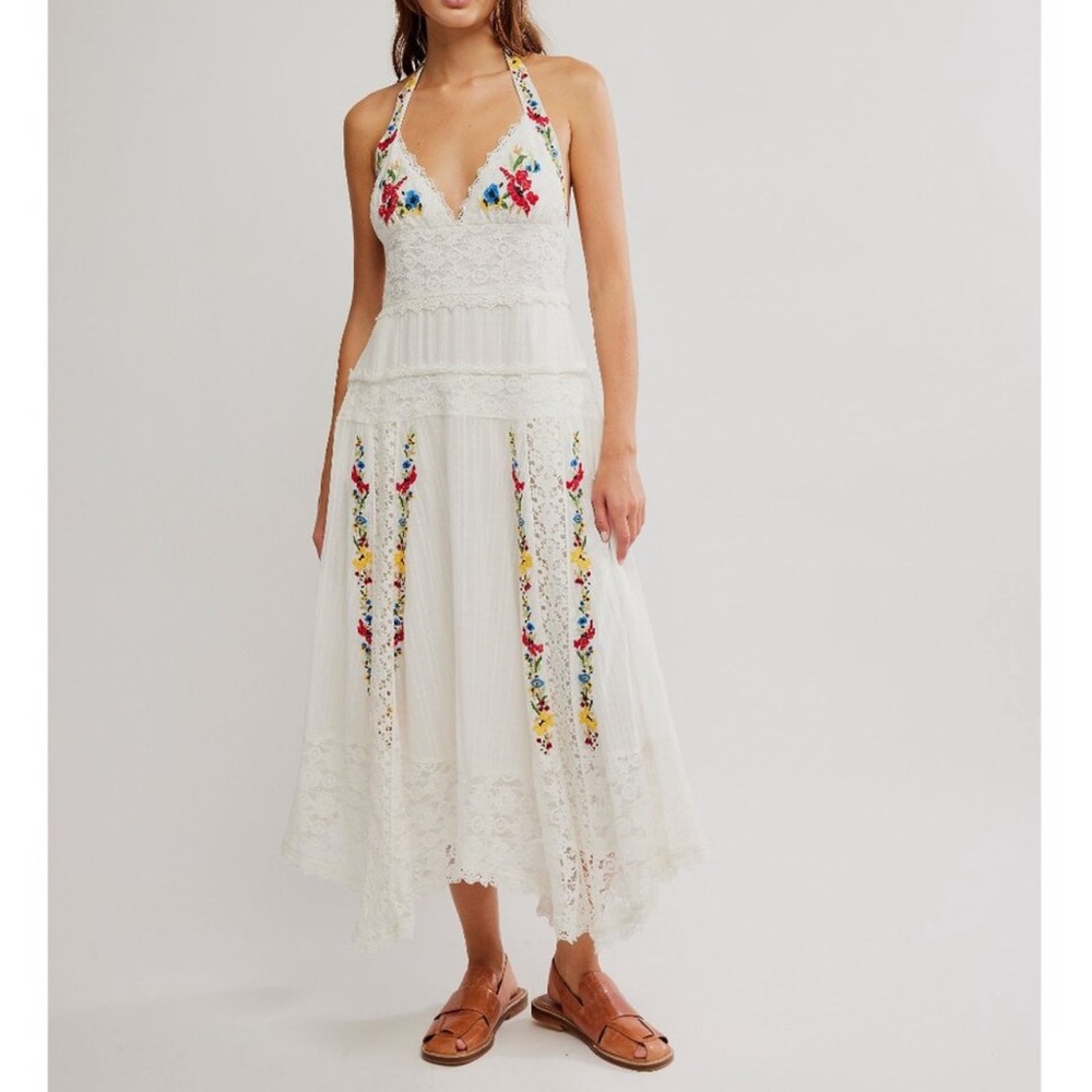 Free People White Embroidered Midi Dress with Red & Blue Floral Accents - Picture 4 of 10